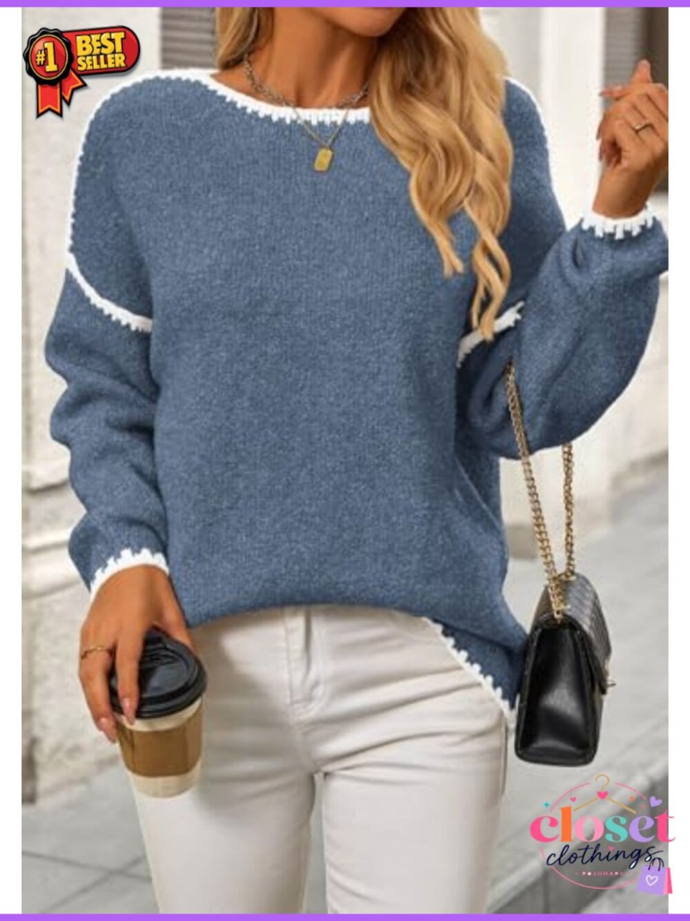 Oversized Chunky Knit Pullover Sweater Crewneck Long Sleeve Drop Shoulder - Picture 3 of 6